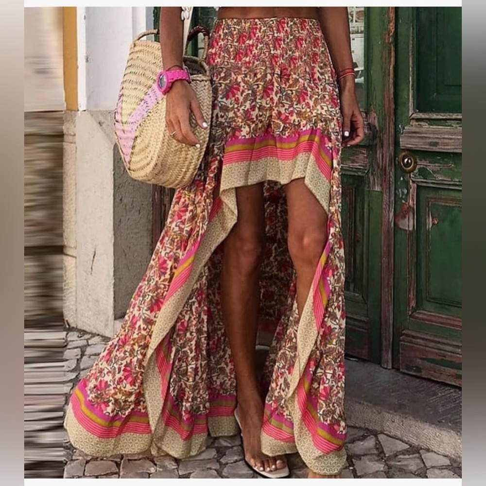 NWT Boho Floral High-Low Maxi Skirt in Pink Large